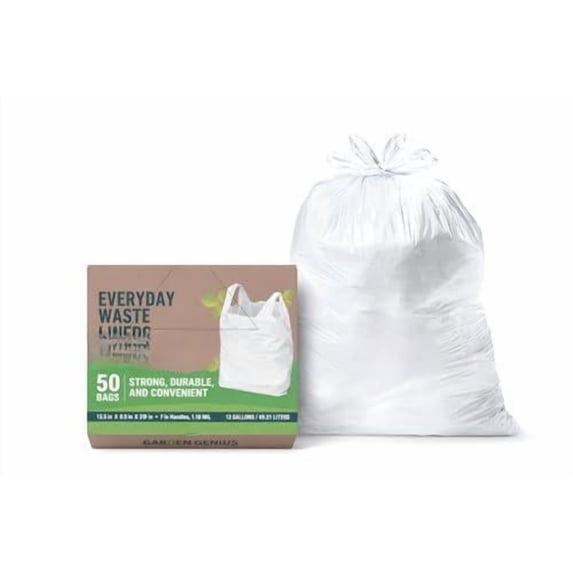 Biodegradable 13 Gallon White Kitchen Trash Bags With Handles (50 Pack) - Extra Strong Leak-proof & Thick 1.18 Mil 15% Thicker Than Fits Standard 13 Gal Cans D2w