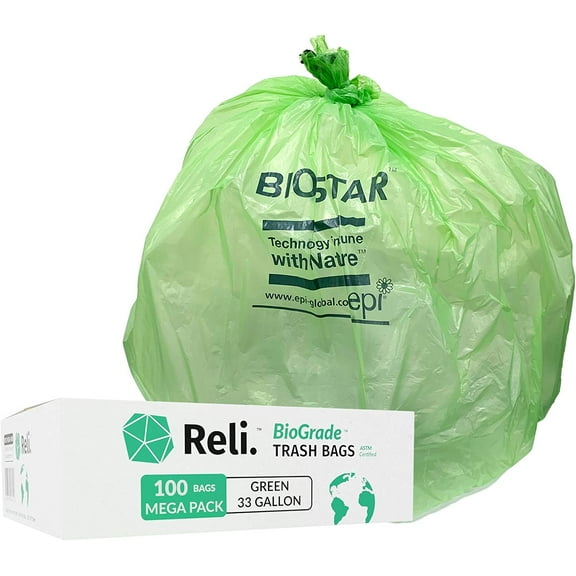 Reli. Biodegradable 33 Gallon Trash Bags, 100 Count, Green Eco Friendly, Degradable Under Certain Conditions, Custom-Fit for Compactor