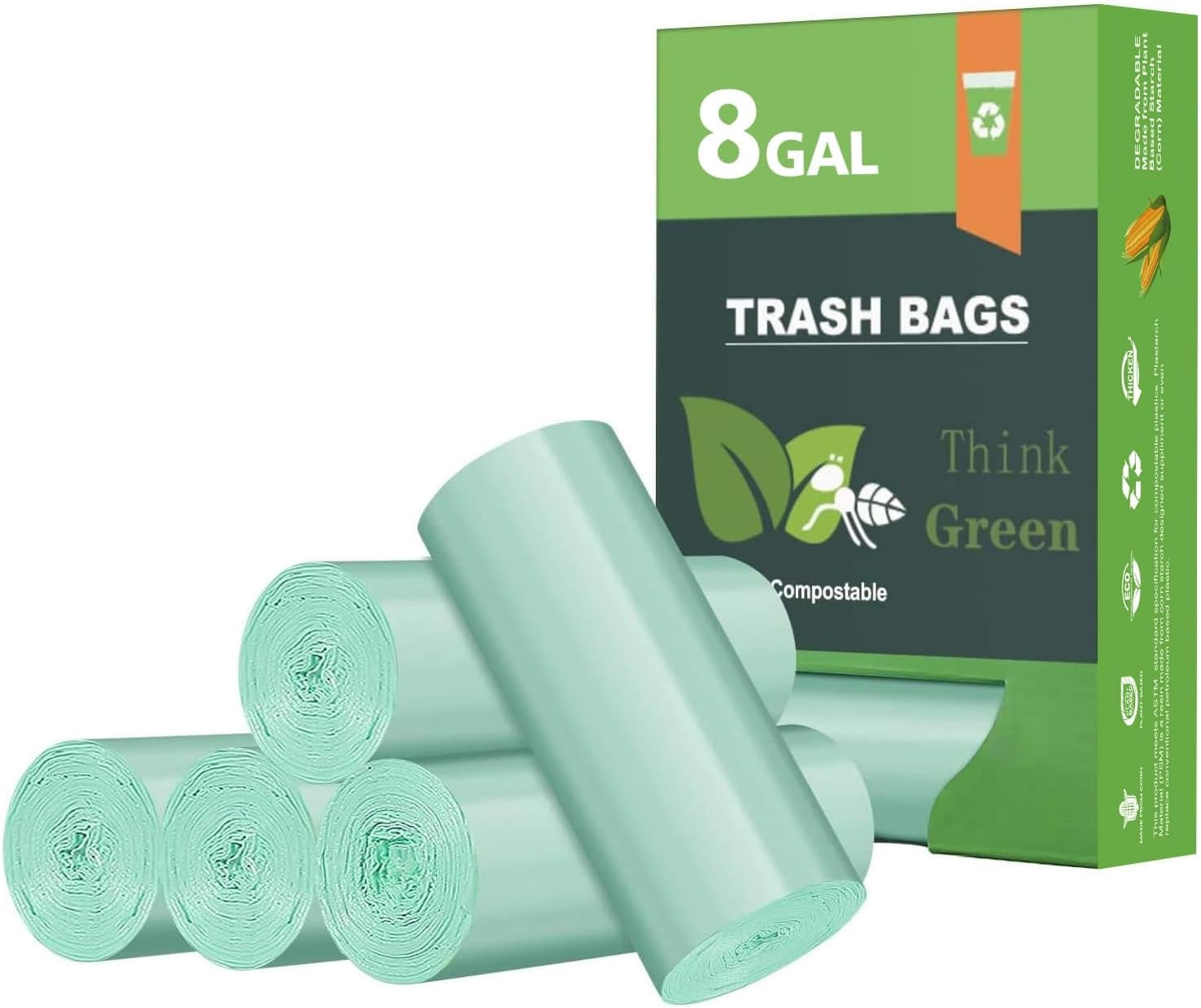 Biodegradable 8 Gallon Trash Bags, YANTONG Garbage Bags 8 gallon, Compostable Medium Trash Bag, Unscented Leak Proof Bag for Office, Home, Bathroom, Bedroom, Car, Kitchen, Pet(Green)