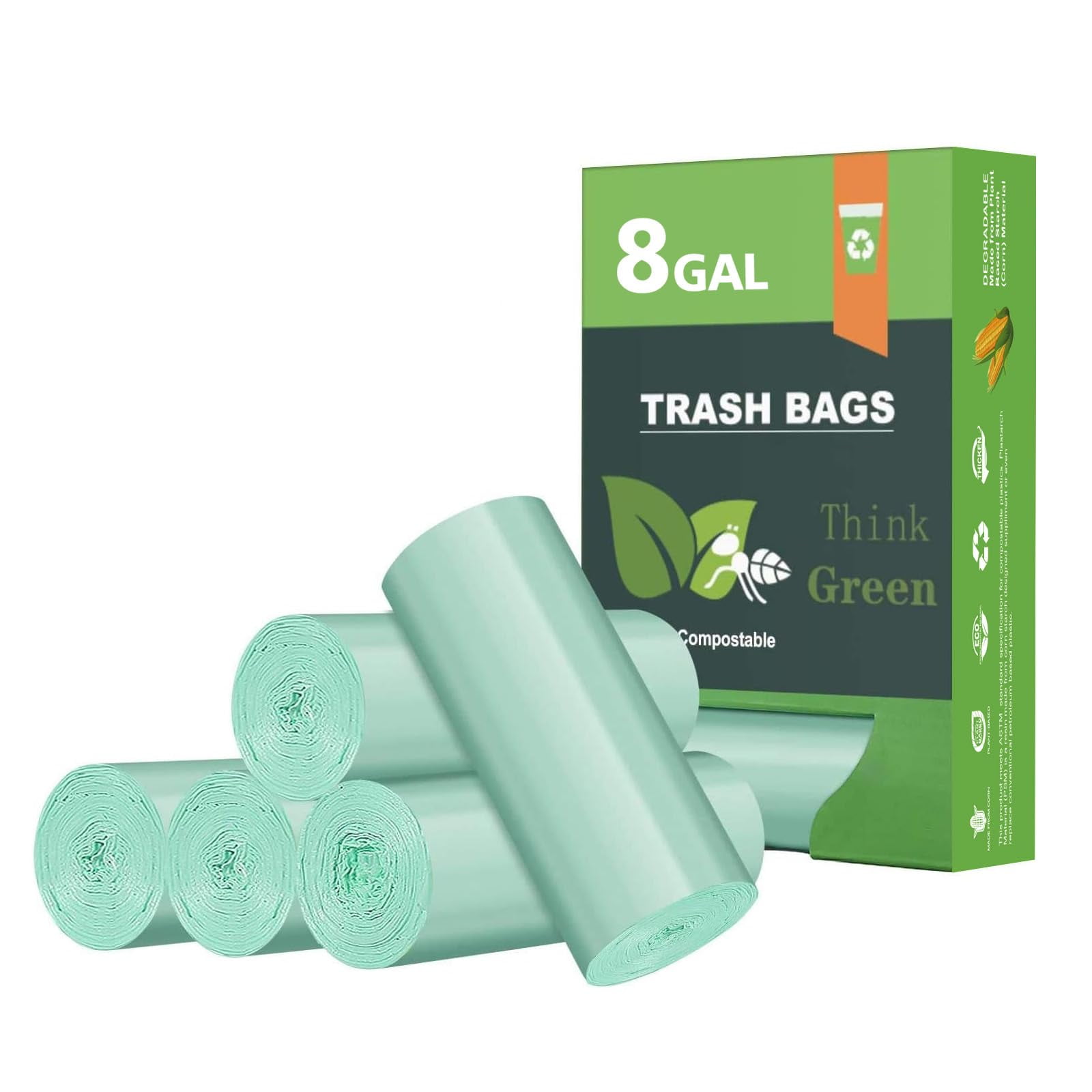 Biodegradable 8 Gallon Trash TSF6Bags, AYOTEE Garbage Bags 8 gallon, Compostable Medium Trash Bag, Unscented Leak Proof Bag for Office, Home, Bathroom, Bedroom, Car, Kitchen, Pet(Green)
