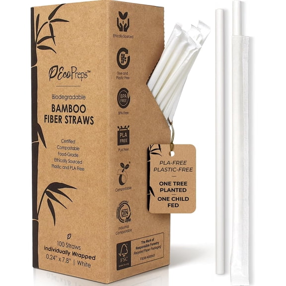 Biodegradable Bamboo Fiber Straws, Plastic-Free Individually Wrapped Straws | 100 Count, 100% Compostable, Eco-Friendly Drinking Straw | 7.8'' Plant Fiber Disposable Straw in White Paper Wrap