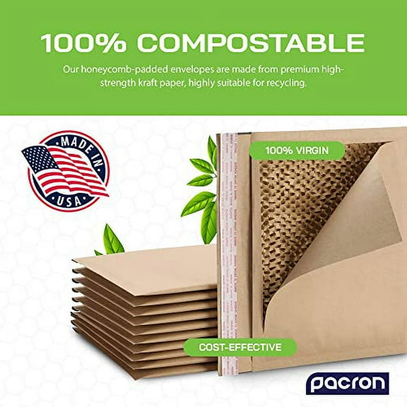 Biodegradable & Compostable Honeycomb Padded Mailers (10.5x16"100pk) Recyclable Hex Coat Paper Shipping Envelopes with Tamper-Resistant Self-Seal, Durable Brown Mailing Envelopes- Made in USA