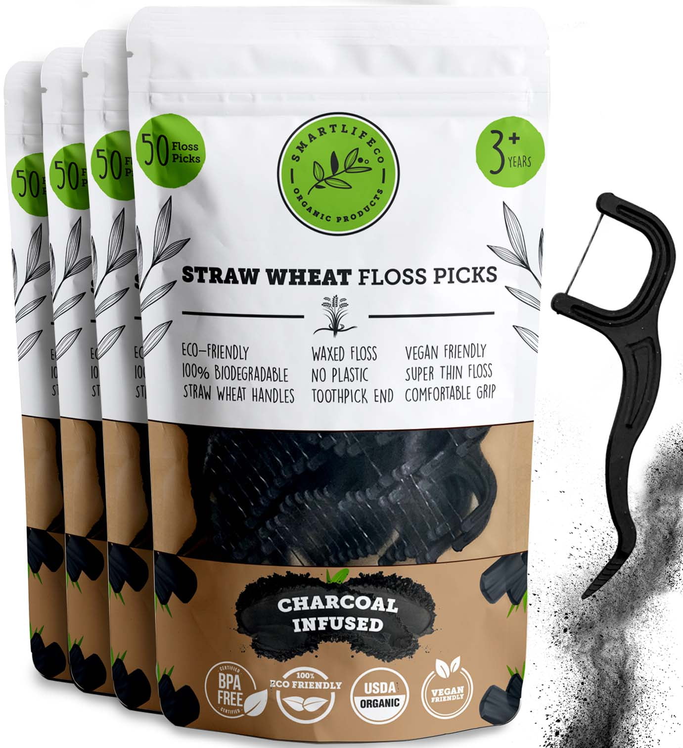 Biodegradable Dental Floss Picks Charcoal Thread Flossers for Adults