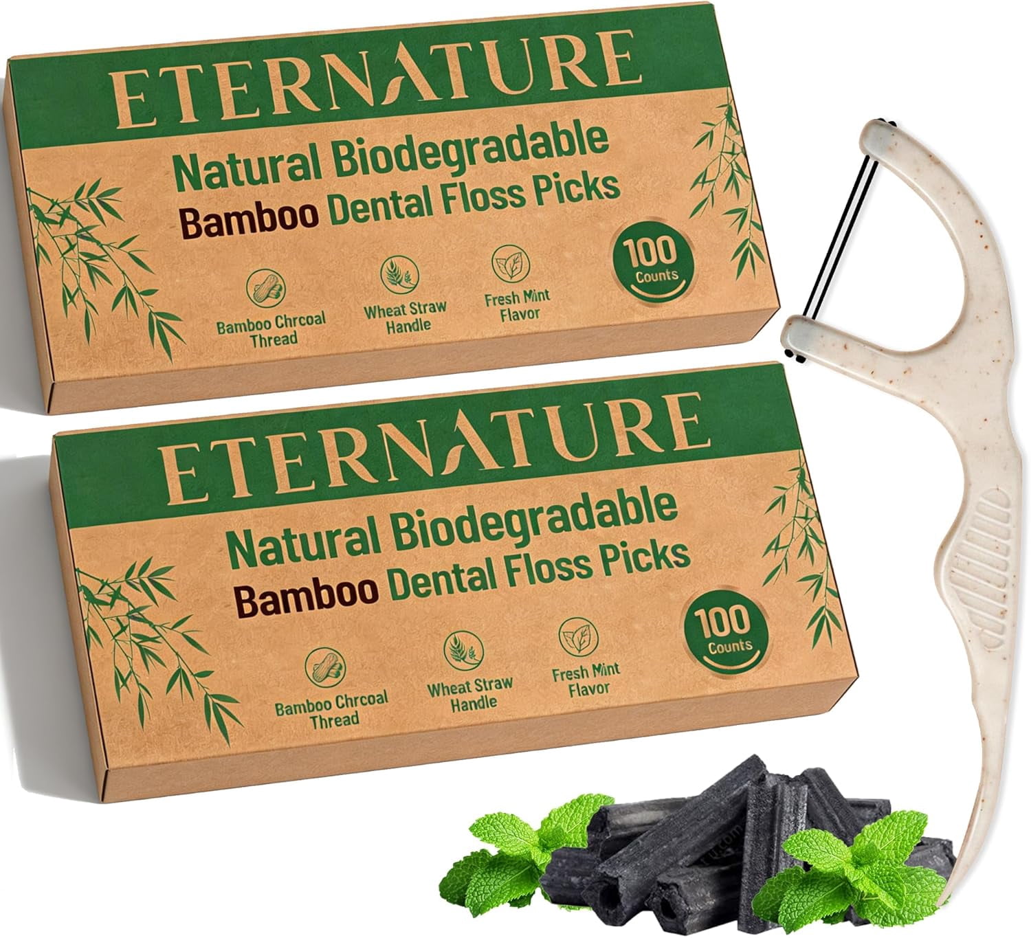 Biodegradable Dental Floss Picks for Teeth, 200ct Organic Natural Bamboo Charcoal Double Thread Sticks, Flossers Adults, Vegan Wheat Straw Flossers, Eco Friendly Teeth Cleaning, Mint