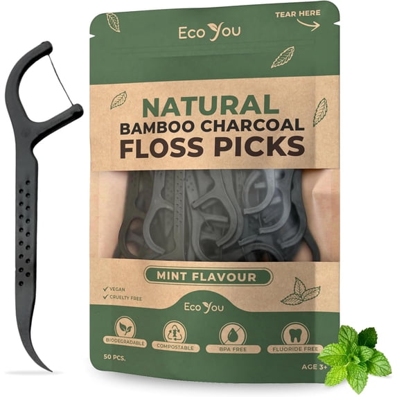Biodegradable Floss Picks | 50 Count (1 Pack) | Mint Flavor, Candelilla Wax | Sustainable & Reusable | Vegan & Cruelty-Free | Bamboo Floss Picks, Bamboo Toothpicks