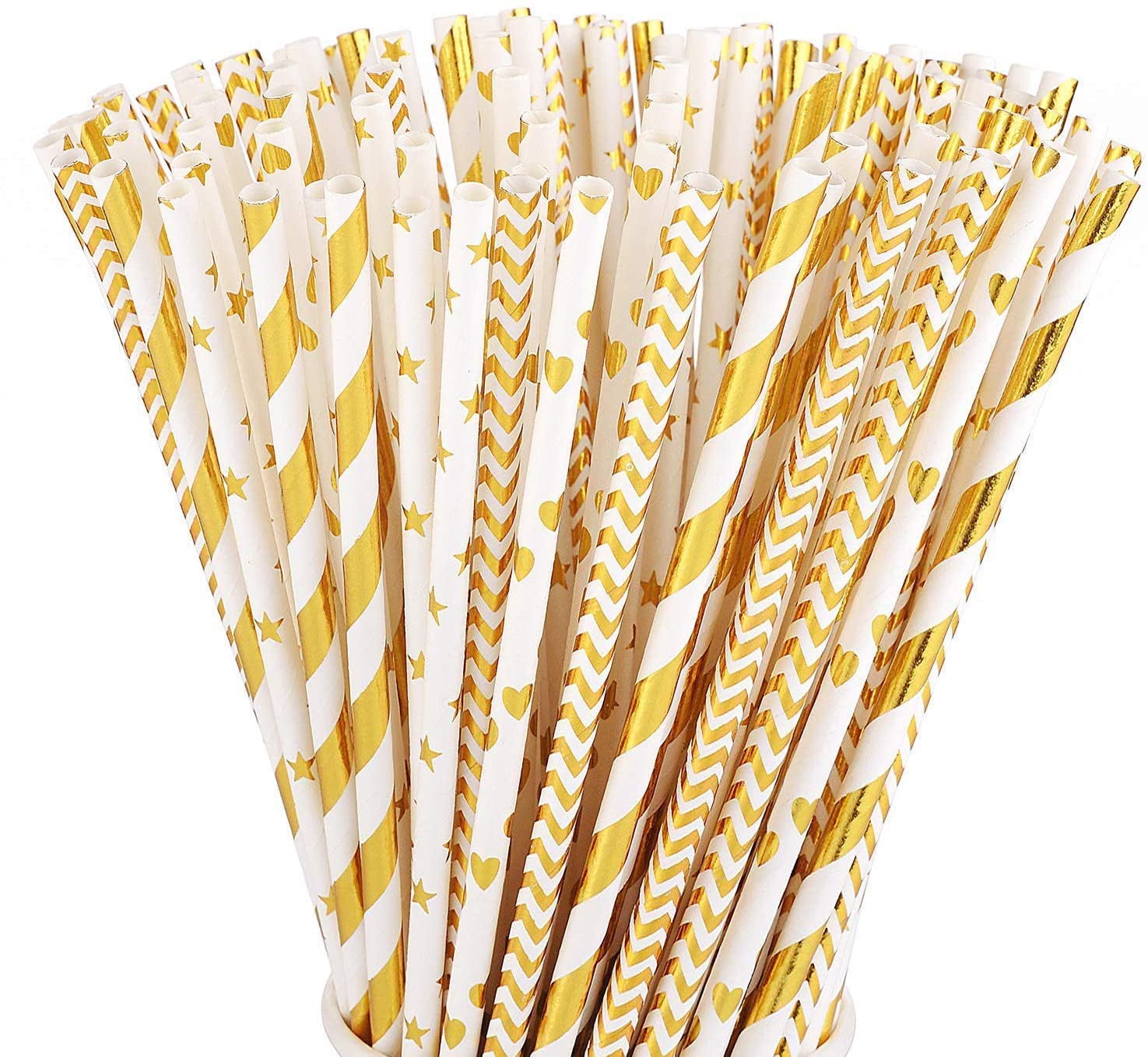 ALINK ALINK Black Gold Paper Straws, Pack Of 100 Biodegradable Metallic Oil Gold Striped Disposable Straws For Birthday Wedding Bridal Baby Shower Christmas Decorations And Party Supplies