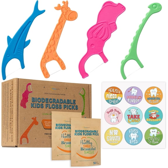 Biodegradable Kids Flossers -100 Pack, Natural Kids Floss Picks, Fluoride Free, Biodegradable Floss Pick, Organic Animal Dental Floss, Dental Floss Sticks for Children - 4 Fun Animal Designs