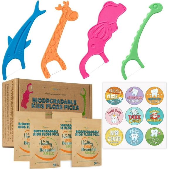 Biodegradable Kids Flossers -200 Pack Natural Floss Picks Fluoride Free Pick Organic Animal Dental Sticks - 4 Fun Designs