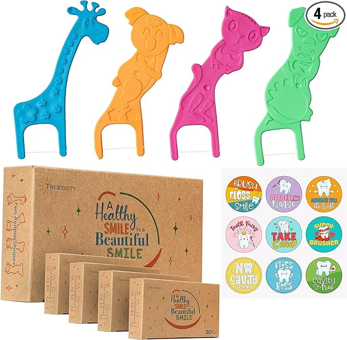 Biodegradable Kids Flossers -200 Pack, Natural Kids Floss Picks, Fluoride Free, Biodegradable Floss Pick, Organic Animal Kids Dental Floss Picks, Dental Floss Sticks for Kids - (Mild Orange)