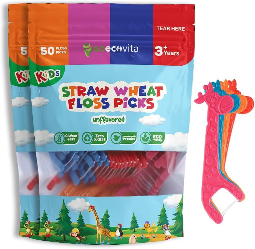 Biodegradable Kids Flossers - Unflavored Dental Floss Picks for Children | Fluoride & Plastic-Free | Colorful & Fun Animal Floss Sticks | Eco Friendly, Vegan, Natural (100 Pack, Unflavored)