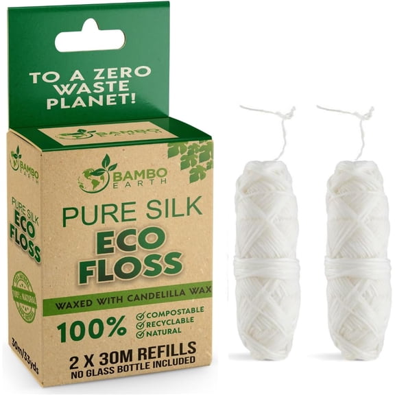 Biodegradable Mint Dental Tooth Lace Floss - 2X Refillable Flossers - 100% Organic Natural and Compostable Teeth Silk Spool - Waxed with Candelilla Wax & Eco-Friendly Zero Waste Packaging