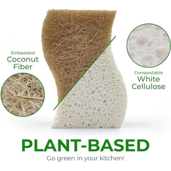 Biodegradable Natural Kitchen Sponge - Compostable Cellulose and Coconut Walnut Scrubber Sponge (24 Pack)