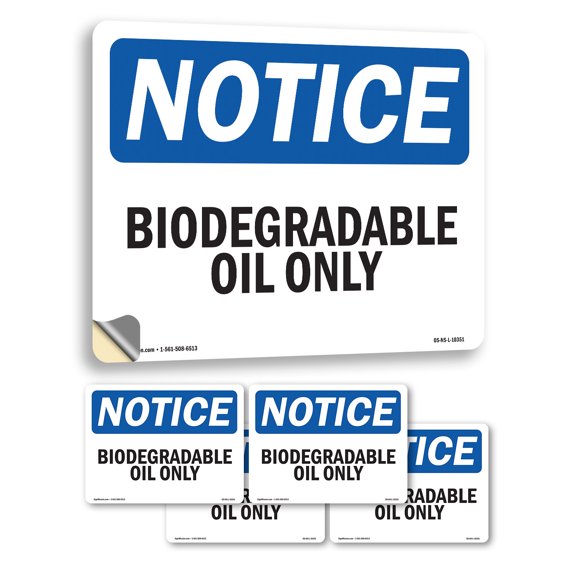 Biodegradable Oil Only OSHA Notice Vinyl Decal Label 5 Inch x 3.5 Inch - 5 Pack
