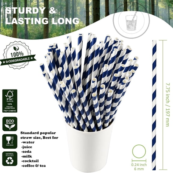 Biodegradable Paper Drinking Straws Bulk - Navy Blue, 1000 Counts - 7.75 Inches, 0.24'' Diameter