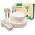 thumbnail image 1 of Biodegradable Paper Plates Set (EXTRA LONG UTENSILS), Disposable Dinnerware Set, Eco Friendly Compostable Plates & Utensil include Plates, Forks, Knives and Spoons for Party, 1 of 7