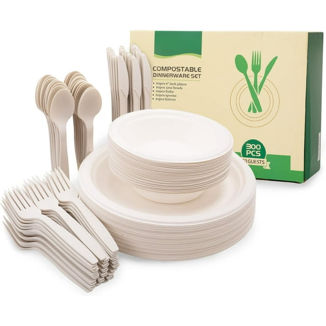 Biodegradable Paper Plates Set (EXTRA LONG UTENSILS), Disposable Dinnerware Set, Eco Friendly Compostable Plates & Utensil include Plates, Forks, Knives and Spoons for Party