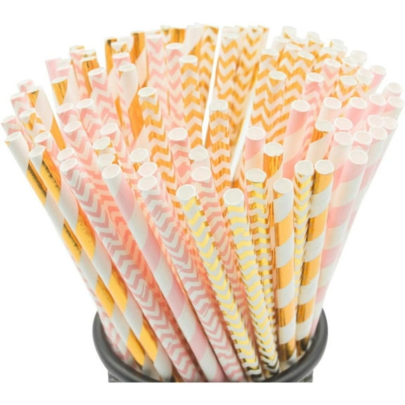 Biodegradable Paper Straws, 100 Pink and Gold Straws for Party Supplies, Birthday, Wedding, Bridal/Baby Shower, Christmas Decorations and Holiday Celebrations