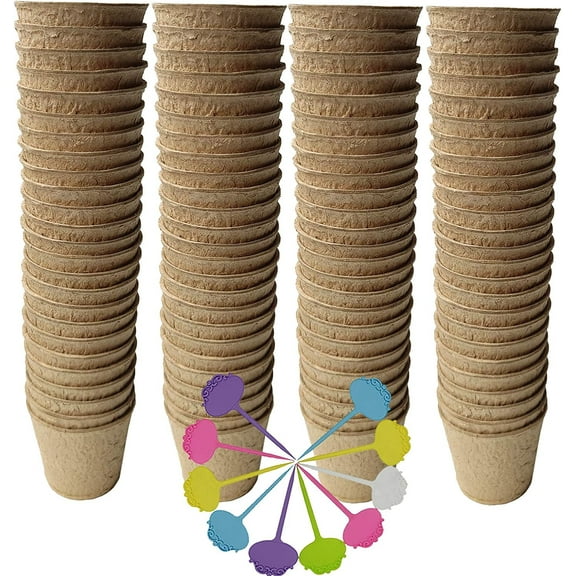 Biodegradable Peat Pots for seedlings, 100 Pack Plant Seed Starter Pots Kit, 2.4inch Succulent Planter Nursery Pots with 10 Plant Markers, Garden Germination Kits