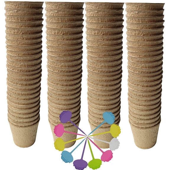 Biodegradable Peat Pots for seedlings, 100 Pack Plant Seed Starter Pots Kit, 2.36inch Succulent Planter Nursery Pots with 10 Plant Markers, Garden Germination Kits