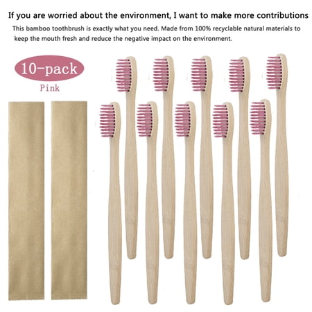 Biodegradable Reusable Bamboo Toothbrushes, Bamboo Toothbrush made from Natural wooden and Eco-Friendly BPA Free Bristles, 10 pack