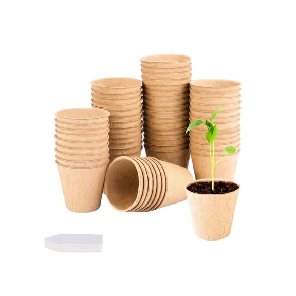 Biodegradable Seedling Pots, 2.4 inch Round Paper Pulp Nursery Cups with 50 Pack Plant Labels, 50 Count Small Size Breathable Starter Planter Cups for Garden Seed Germination Transplanting Nursery