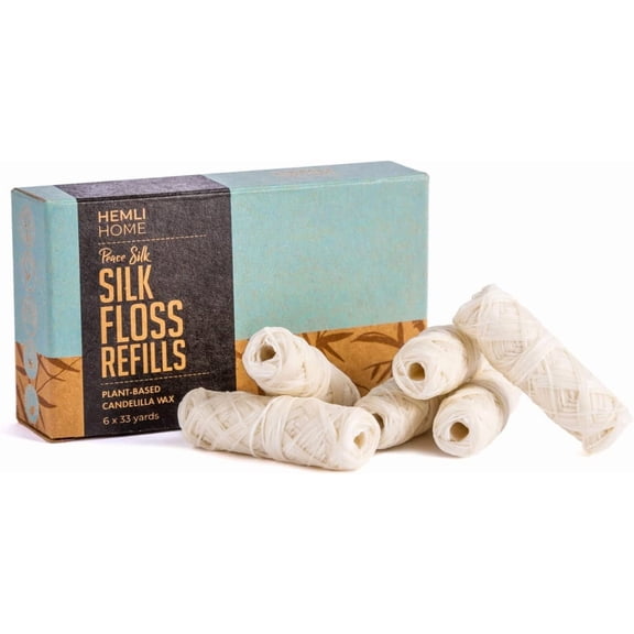 Biodegradable Silk Dental Floss Refills - Six Pack - Organic Natural Floss, refillable, compostable, and peaceful silk dental floss refills - 633-yard - Eco-friendly peppermint candela wax