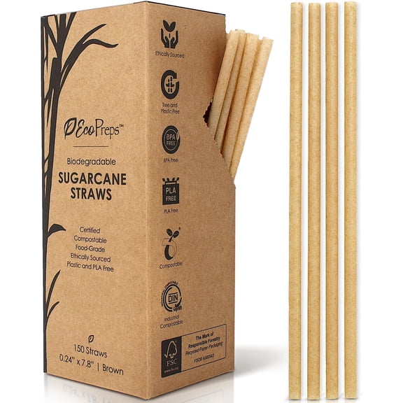 Biodegradable Sugarcane Straws | 150 Count, 100% Compostable, Plastic-Free, & Eco-Friendly Drinking Straw | 7.8'' Sugar Fiber Disposable Straws, Smoothie Straw for Home, Restaurant, Parties