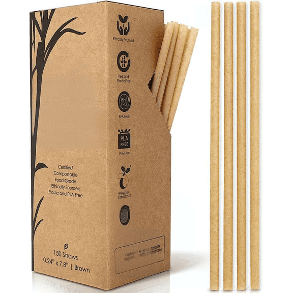 Biodegradable Sugarcane Straws 150 Count 7.8 Inch Light Brown Straight Compostable Plastic-Free Drinking Straws