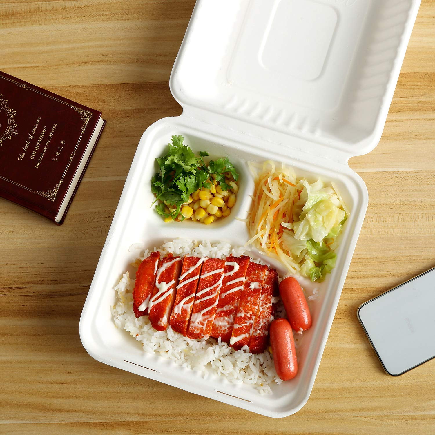 Biodegradable To Go Food Containers, Hinged Disposable Take Away Food