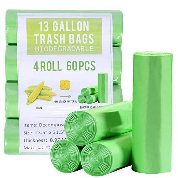 Biodegradable Trash Bags 13 Gallon for Kitchen Tall Trash Can, 0.97 Mil Thicken Large Garbage Bags Recycling Lawn Trash Can Liner Green 60 Counts