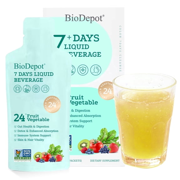 Biodepot 7-Day Colon Cleanse Liquid Sachets with Probiotics, 24 Fruit and Vegetable Blend, Gut Health Support, 7 Sachets, 10.65 fl oz
