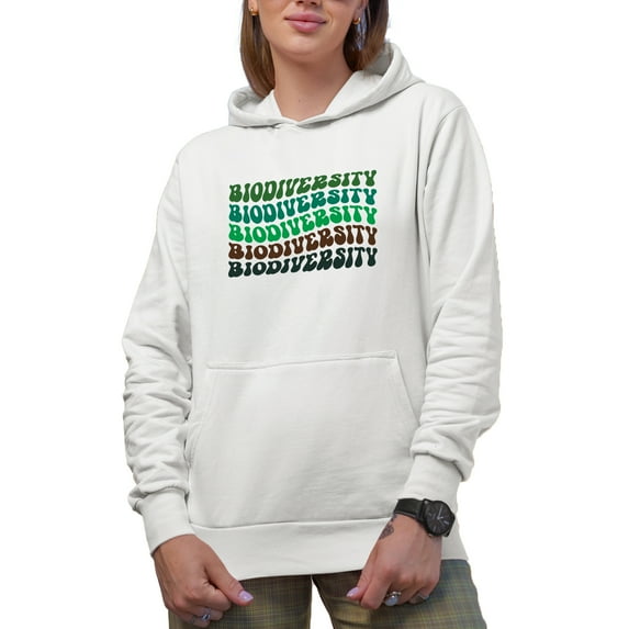 Biodiversity, Biology or Science Term, Groovy Retro Wavy Text Merch Gift, White Hooded Sweatshirt or Hoodie, XL