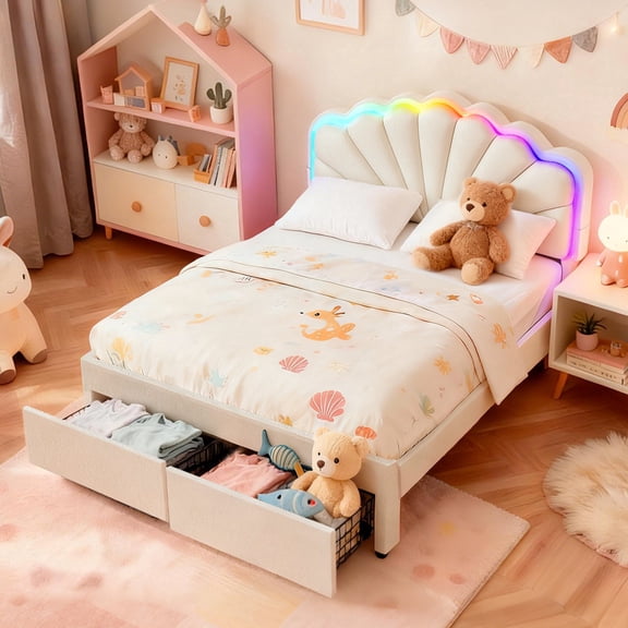 Bioever Queen Size Bed Frame with LED Lighting, Charging Port, Storage Drawers, Beige, Teddy Velvet