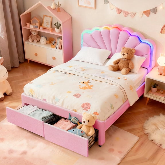 Bioever Queen Bed Frame with LED Lighting, Charging Port, Storage Drawers, Pink, Teddy Velvet
