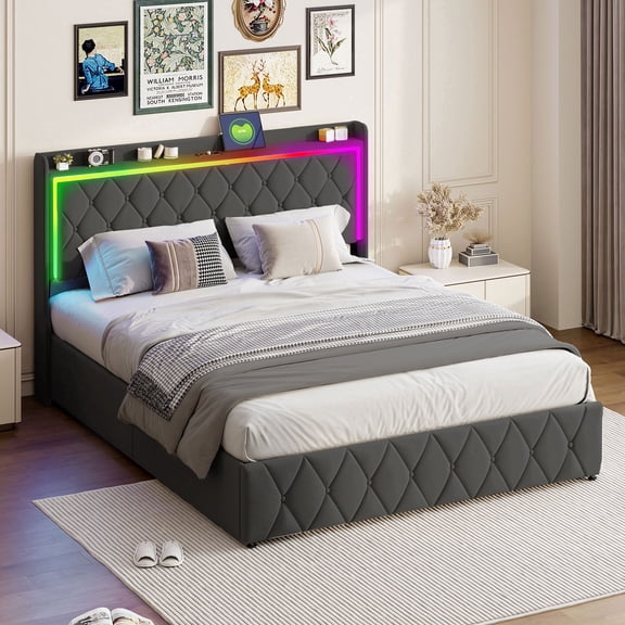 Bioever Hydraulic Storage Queen Bed Frame with LED Lighting, Charging Port, Large-Capacity Hidden Storage, Gray, Velvet