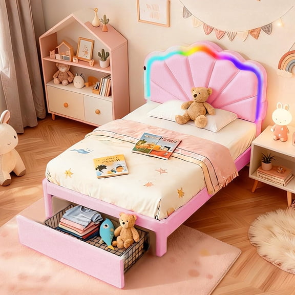 Bioever Twin Bed Frame with LED Lighting, Charging Port, Storage Drawers, Pink, Teddy Velvet