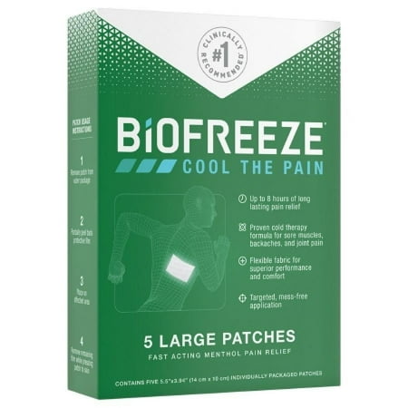 Biofreeze 5% Strength Menthol Topical Pain Relief Patches, 3.9375 X 5.5 Inch, 5 Count