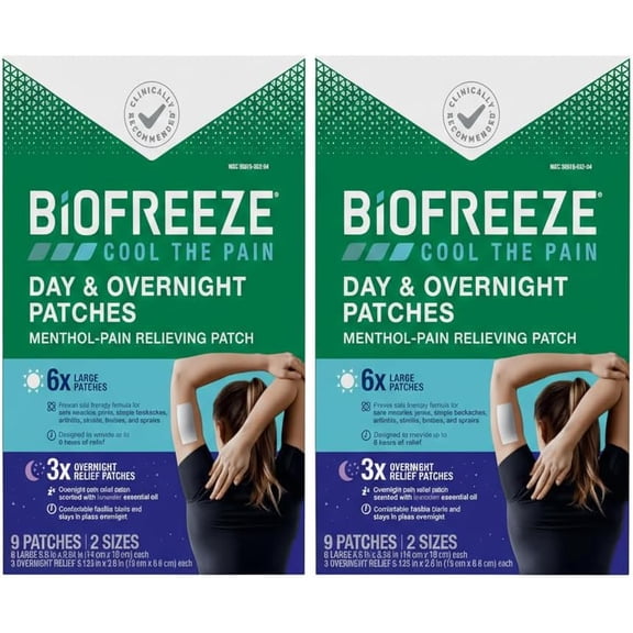 Biofreeze Day & Overnight Pain Relief Patches, Menthol Pain Patches for Arthritis & Muscle Pain Relief, Comfortable & Flexible Fabric Stays in Place, 9 Patches (6 Day, 3 Night) (Pack of 2)