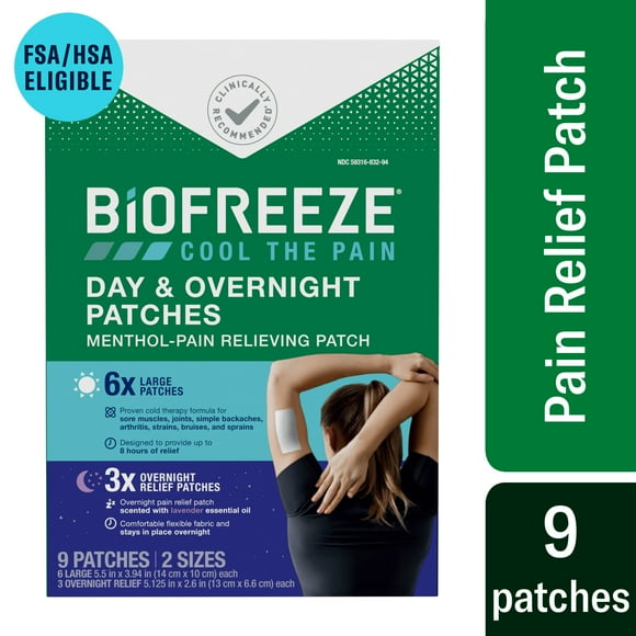 Biofreeze Day & Overnight Pain Relief Patches, for Back Knee Muscle Joint and Arthritis Pain, 9ct Menthol