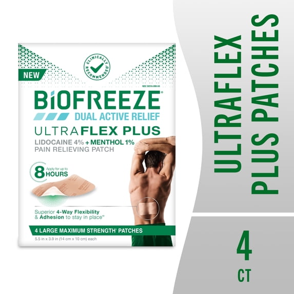 Biofreeze Ultraflex Plus Maximum Strength 4% Lidocaine Patches with Menthol, Flexible Pain Relief Patch for Lower Back, Lidocaine Patch for Neck, Knee, Shoulder, 4 Large Pain Patches