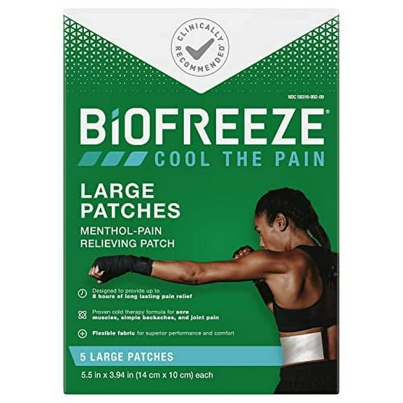 Biofreeze Large Pain Relief Patches, Menthol Pain Patches for Lower Back, Neck, Knee, & Shoulder, Comfortable & Flexible Fabric Stays in Place, FSA Eligible, 5 Count