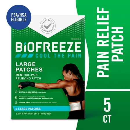 Biofreeze Pain Relief Patches, Back Knee Muscle Joint and Arthritis Pain Relievers, Menthol, 5 Count