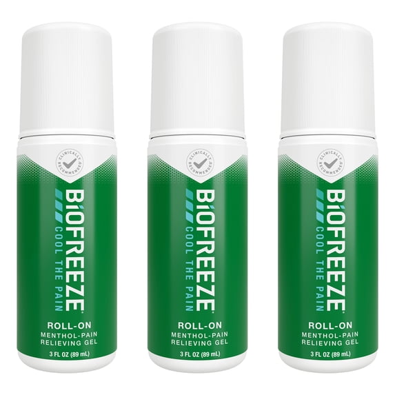 Biofreeze Roll-On Pain-Relieving Gel 3 FL OZ, Green (Pack Of 3) Topical Pain Reliever For Muscles And Joints From Arthritis, Backache, Strains, Bruises, & Sprains (Package May Vary)