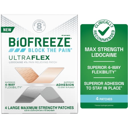 Biofreeze UltraFlex Lidocaine Back Knee Muscle Joint and Arthritis Pain Relief Patches, 4 Count