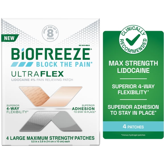 Biofreeze UltraFlex Lidocaine Back Knee Muscle Joint and Arthritis Pain Relief Patches, 4 Count