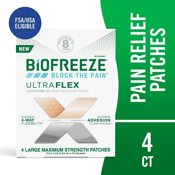Biofreeze UltraFlex Lidocaine Back Knee Muscle Joint and Arthritis Pain Relief Patches,  4 Count