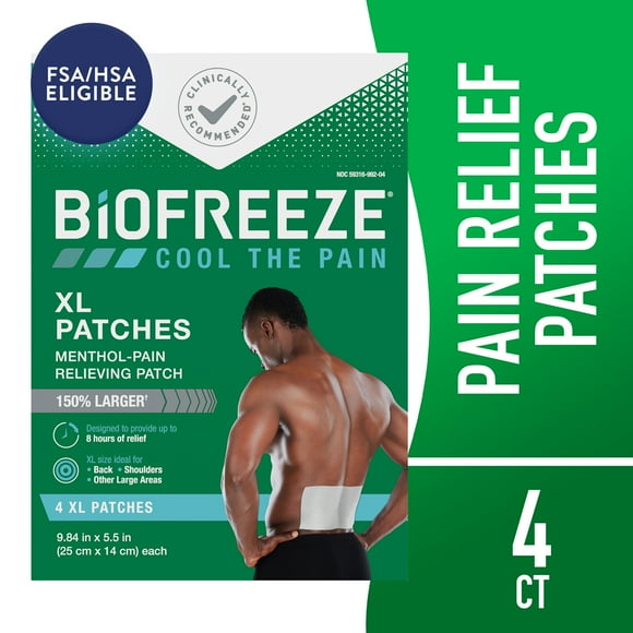 Biofreeze XL Pain Relief Patches, Menthol Pain Patches for Lower Back Neck Knee Shoulder, 4 Count