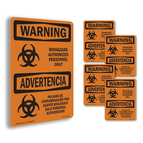 Biohazard Authorized Personnel Bilingual OSHA WARNING Rigid Plastic Sign 14 Inch x 10 Inch - 5 Pack
