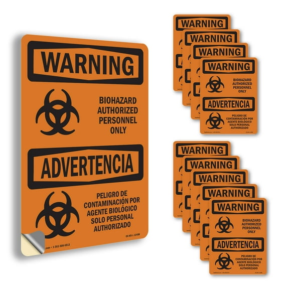 Biohazard Authorized Personnel Bilingual OSHA WARNING Vinyl Decal Label 7 Inch x 5 Inch - 10 Pack