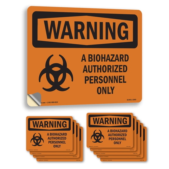 Biohazard Authorized Personnel Only OSHA WARNING Vinyl Decal Label 18 Inch x 12 Inch - 10 Pack